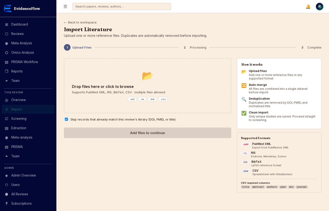 EvidenceFlow literature import page with file upload area and supported format list