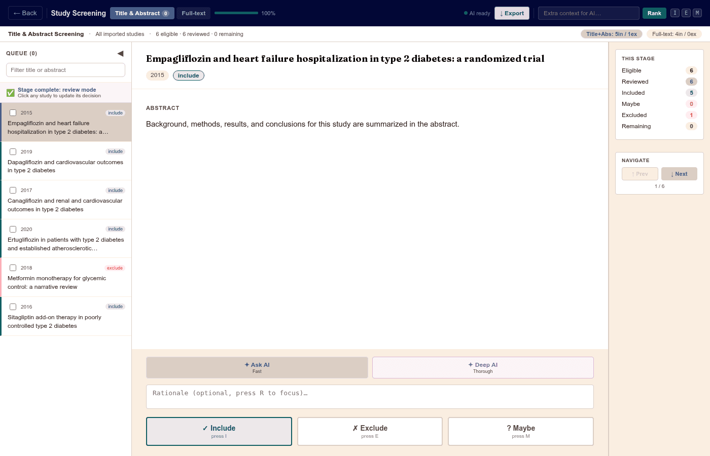 EvidenceFlow screening interface showing a study, AI suggestion buttons, and include/exclude/maybe decision buttons